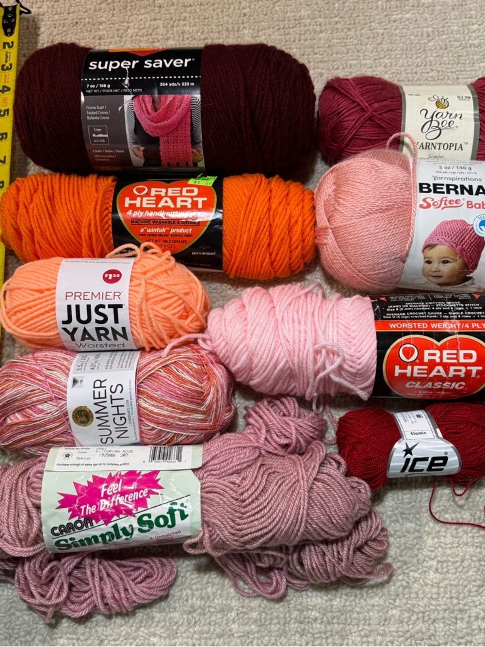 2 Lbs Mixed Branded Yarn Lot Shades of Pink, Red, Orange, Etc